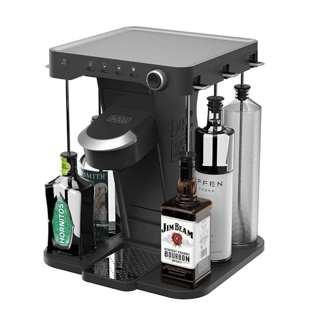 bev by BLACK+DECKER cocktail maker machine with five upright liquor bottles