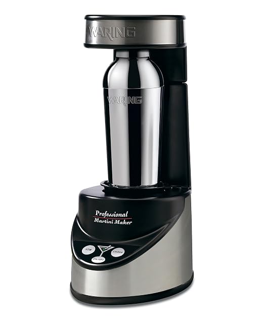 Waring Pro electric martini maker in black and chrome with stainless shaker