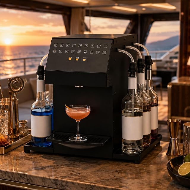 Xoiasth automatic cocktail maker machine with six bottle stations on a counter