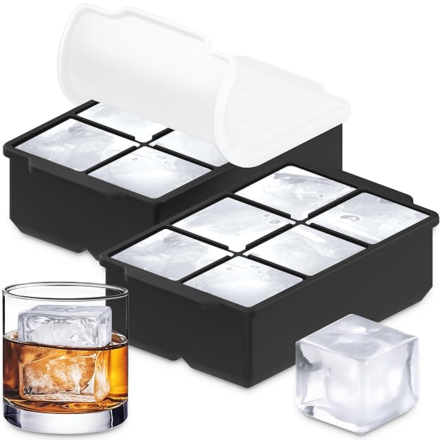 KitchFort black silicone large ice cube tray with lid, two pack