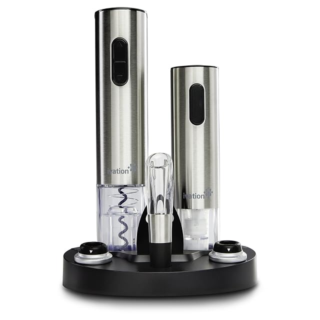 Ivation stainless steel electric wine opener set on a blue LED charging base