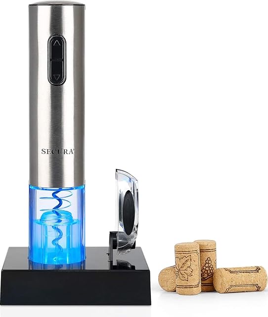 Secura SWO-3N stainless steel electric wine opener on its charging base