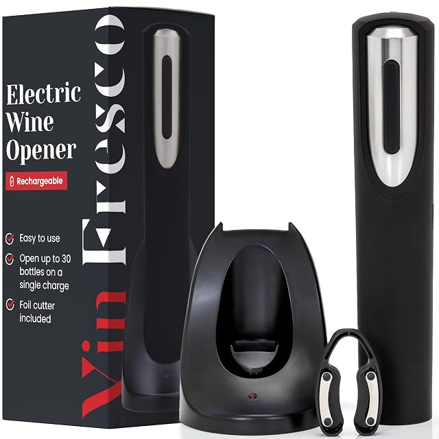 Vin Fresco black and silver electric wine opener with charging base