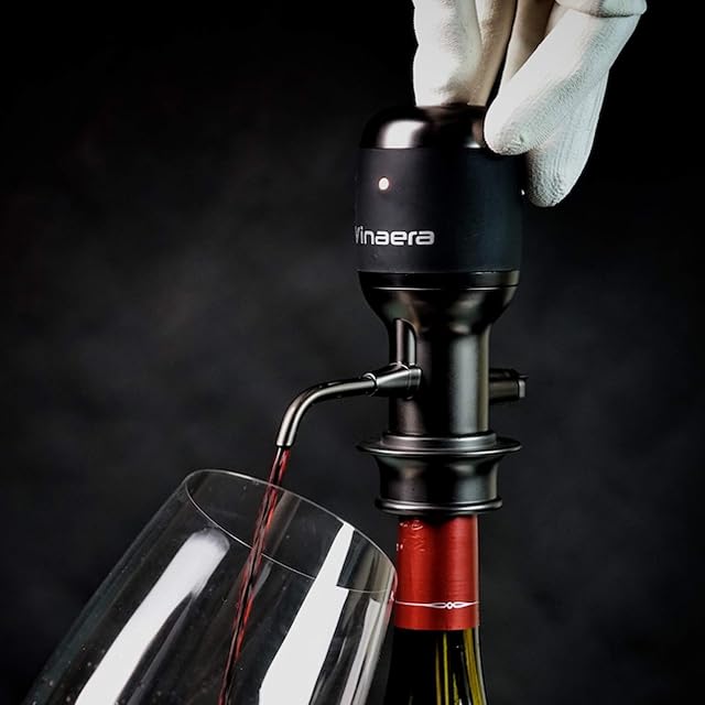 Vinaera PRO adjustable electric wine aerator in gun metal finish on its stand