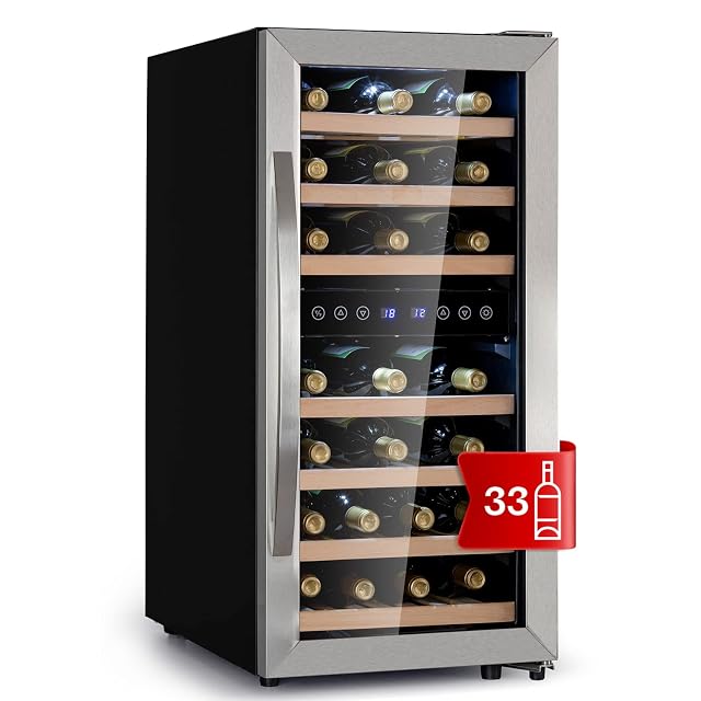Klarstein freestanding 33-bottle dual-zone wine cooler with glass door