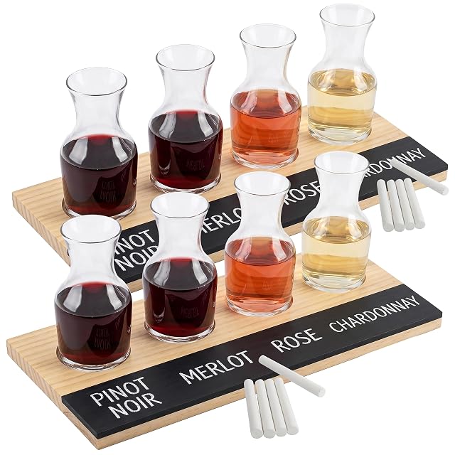 D'Eco wine tasting flight board set with wooden trays and mini decanter glasses
