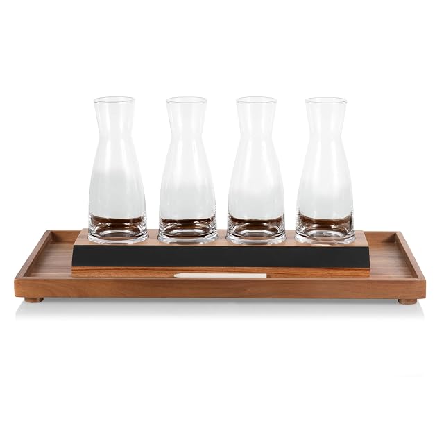 Picnic Time Legacy Cava acacia wood serving tray with four glass carafes