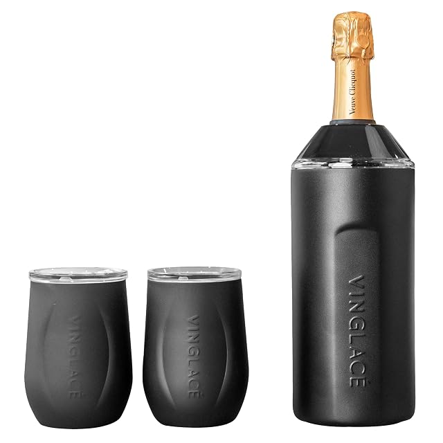 Vinglacé black stainless steel wine bottle chiller with two stemless glasses
