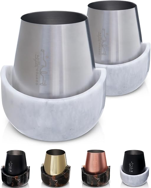 Gusto Nostro white marble wine chiller with stainless steel stemless tumblers