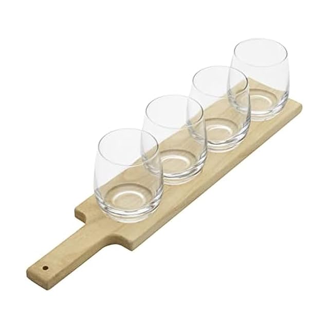 Houdini natural wood wine flight tasting board with four stemless glasses