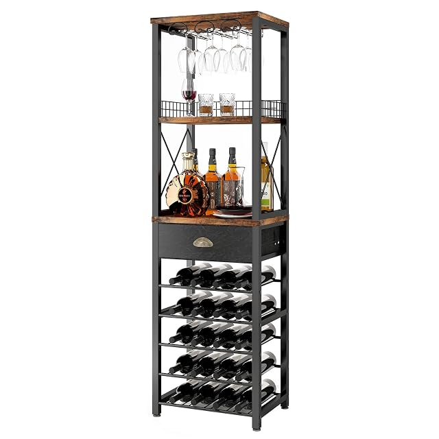 Homeiju freestanding wine rack with glass holder and leather drawer