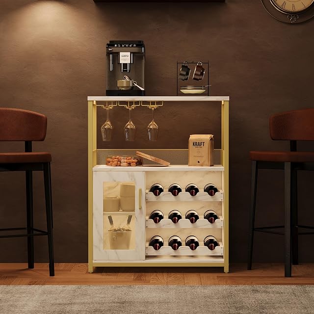 IDEALHOUSE farmhouse wine bar cabinet with LED lighting and wine rack