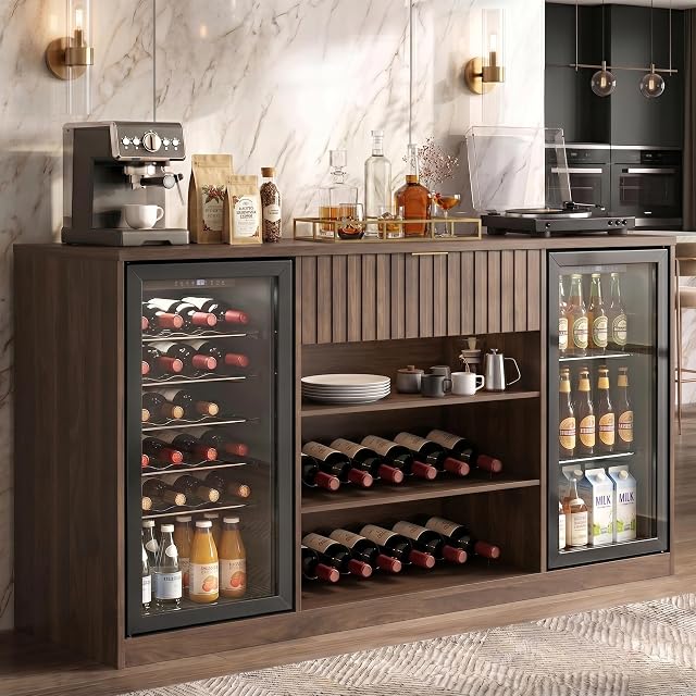 Lamtor walnut coffee bar cabinet with fridge space, wine racks and mesh doors