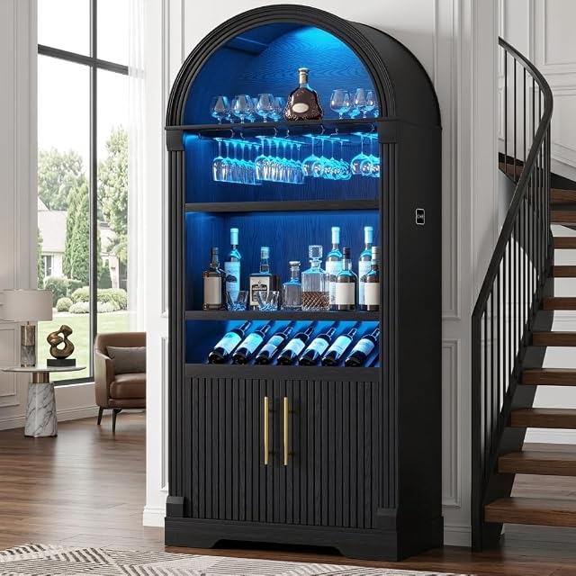 LVSOMT tall black arched bar cabinet with wine rack and glass holder