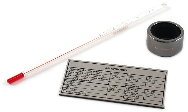 Le Creuset wine thermometer with serving chart and collar in a gift box